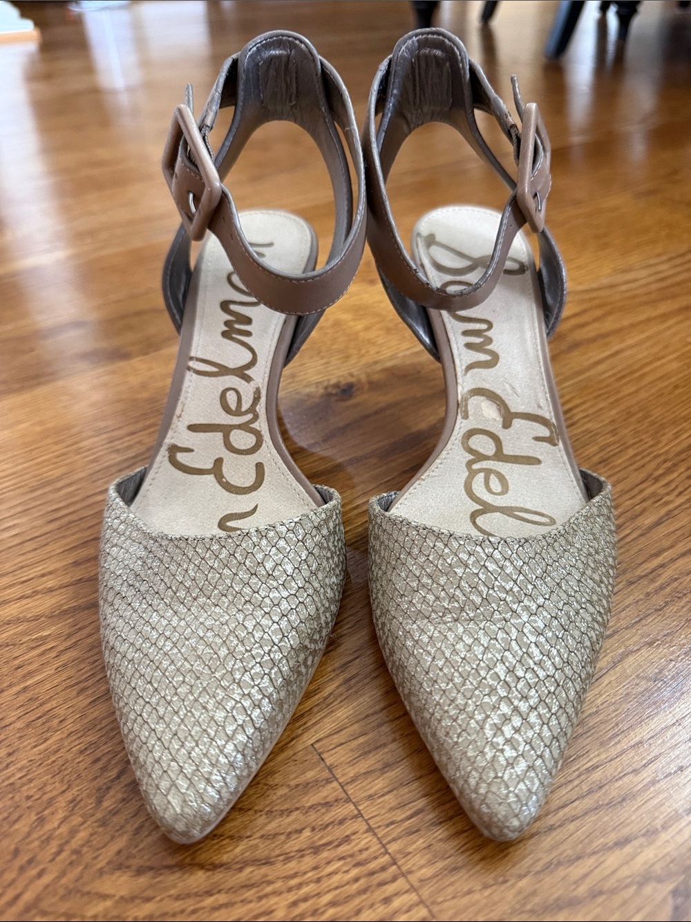Sam Edelman D’Orsay Ankle Strap Heels Taupe Snake Print Size 6.5M